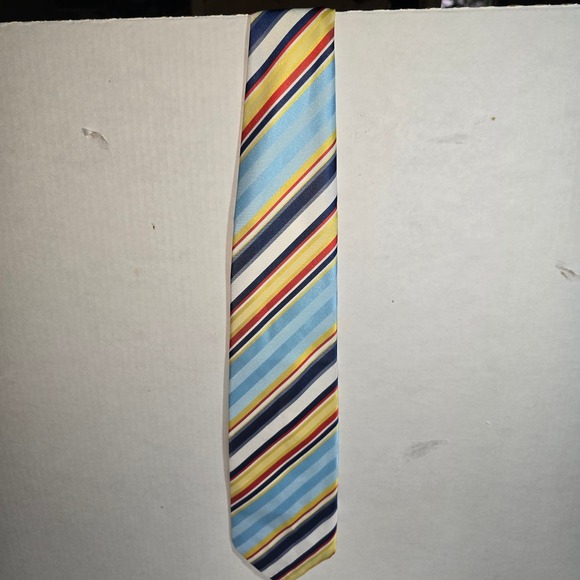 VINTAGE Dark & Light Blue Yellow & Red Striped Tie ROMANO Polyester - Picture 2 of 5